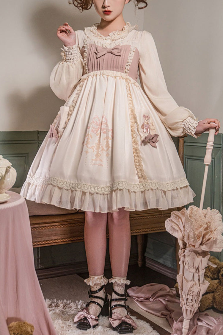 White/Pink Sleeveless Good Night Bear Print Sweet Lovely Lolita Dress - White/Pink - 1