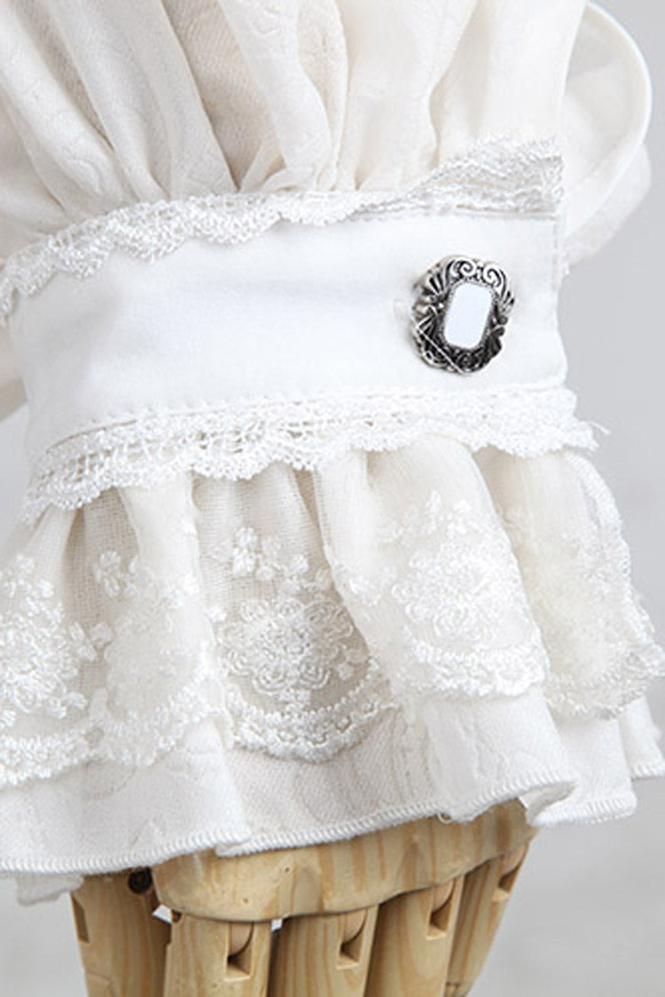 White Stand Collar Retro Button Long Lantern Sleeves Mens Gothic Blouse - Product - 10