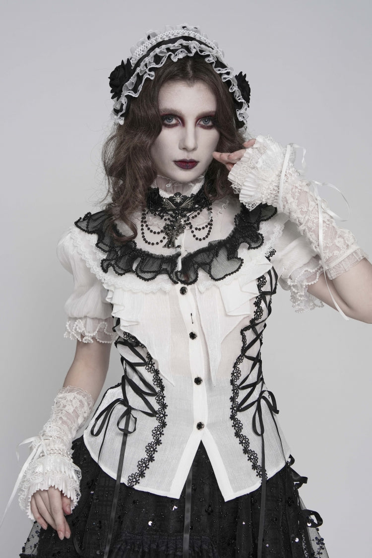 Black/White Stand Collar Short Sleeves Embroidered Lace Lace-Up Slim Pleated Women's Gothic Palace Blouse - Product - 4