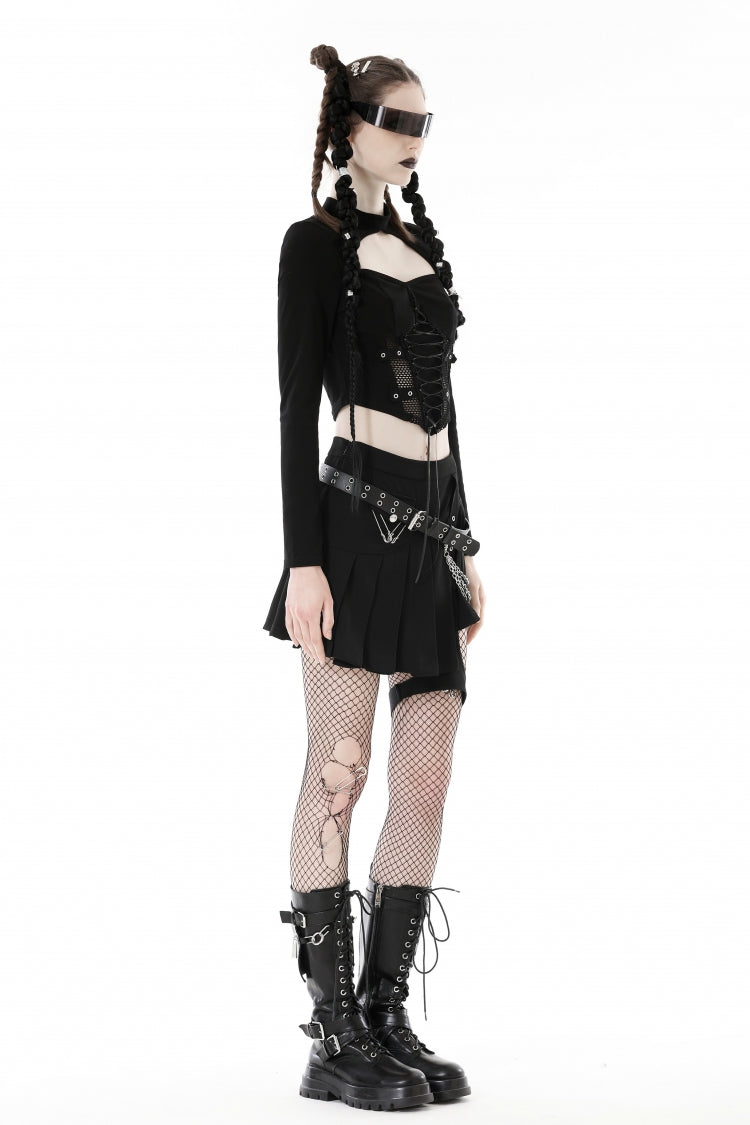 Black Long Sleeves Cut-Out Spliced Mesh Zippered Strappy Eyelet Women's Punk Crop Top - Product - 2
