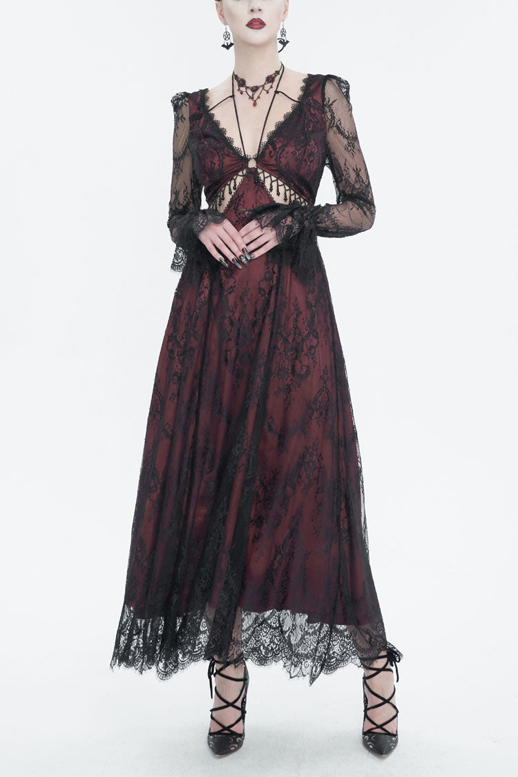 Red Lace Appliqu Adjustable Waist Cutout Women's Gothic Dress - Red - 1
