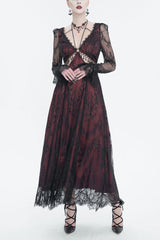 Red Lace Appliqu Adjustable Waist Cutout Women's Gothic Dress - Red - 1