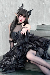 Pure Black Little Devil Sexy Princess Slim Gothic Lolita Strapless Tiered Dress - Product - 12