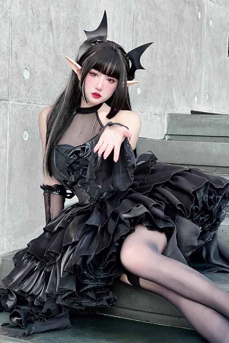 Pure Black Little Devil Sexy Princess Slim Gothic Lolita Strapless Tiered Dress - Product - 12