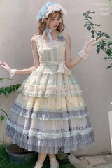 Rainbow Cloud Gradient Triple-Layered Ruffle Bowknot Sweet Lolita Jsk Dress 2 Colors - Blue/Green - 1