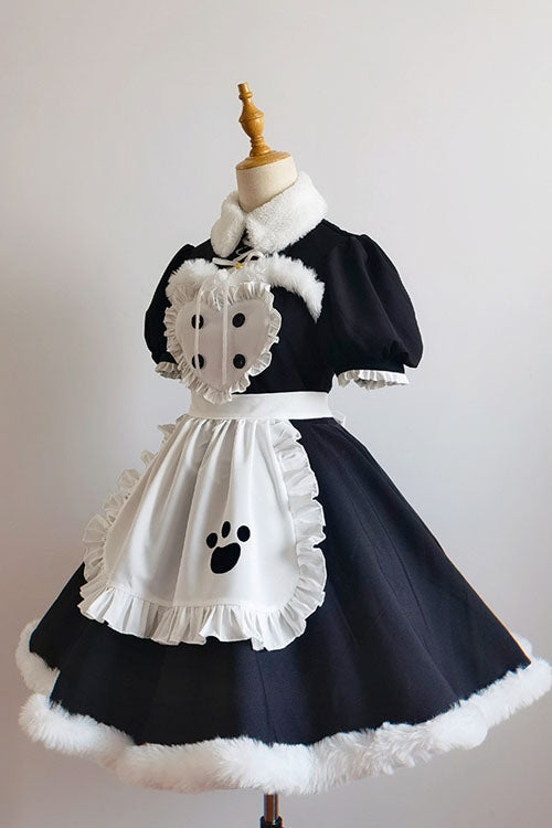Black/White Cat Paw Print Short Sleeves Maid Sweet Lolita Dress Set - Product - 5