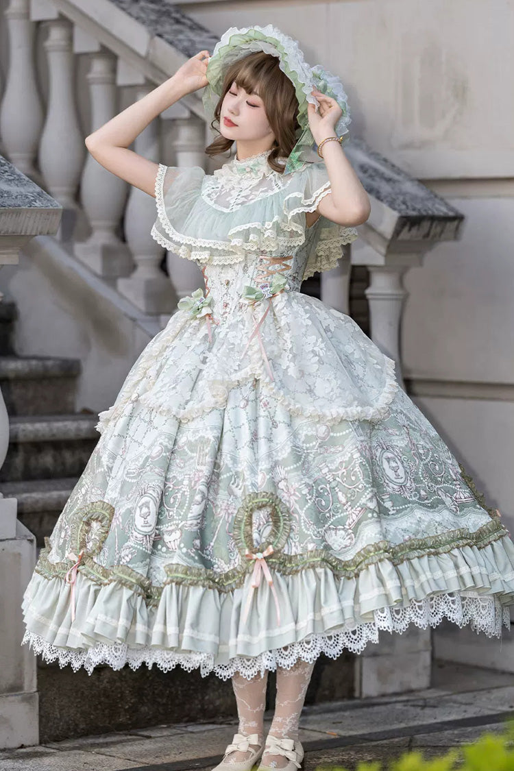 Spring Green [Cloudborne Prelude] Edwardian Collar Jacquard Printed Ruffled Bow Lace Fishbone Sweet Classic Lolita Dress - Product - 5