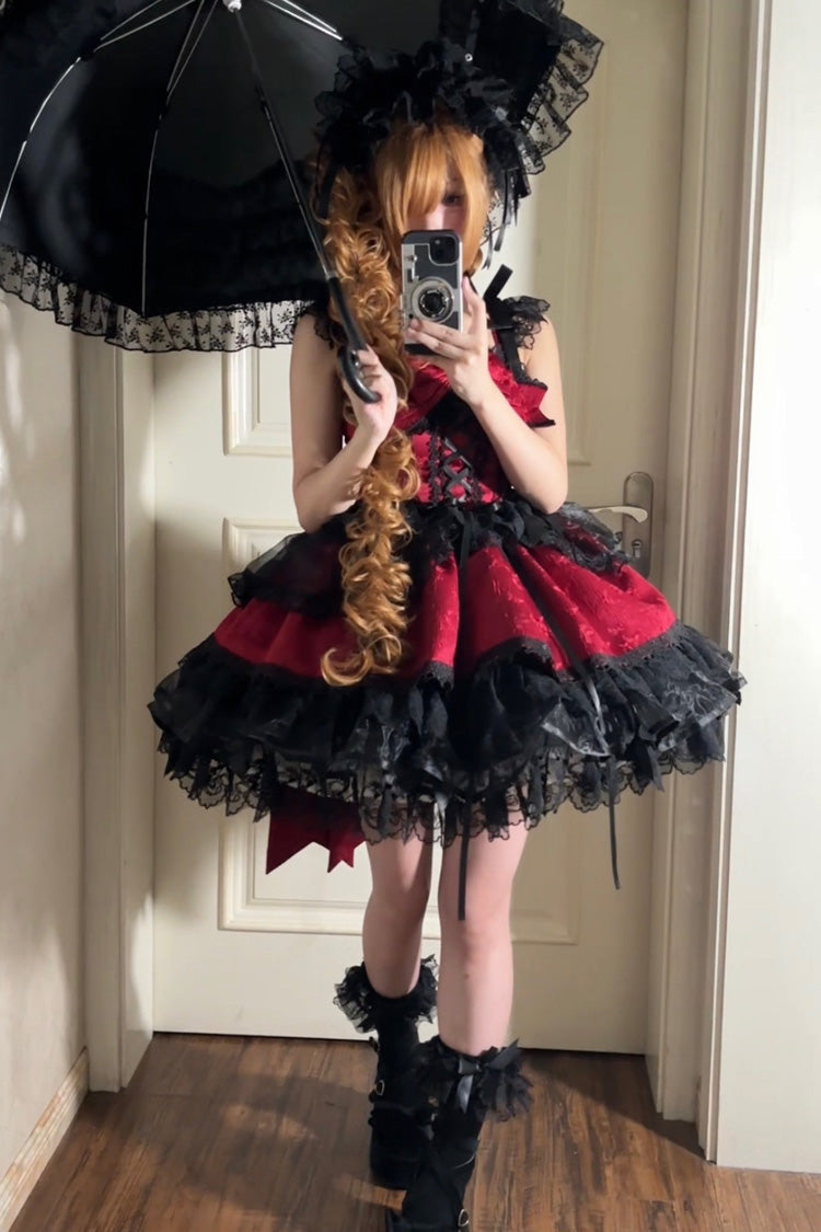 Red [Fleishi Island] Sleeveless Ruffle Bowknot Lace Slim Sweet Ballet Lolita Jsk Dress - Product - 6