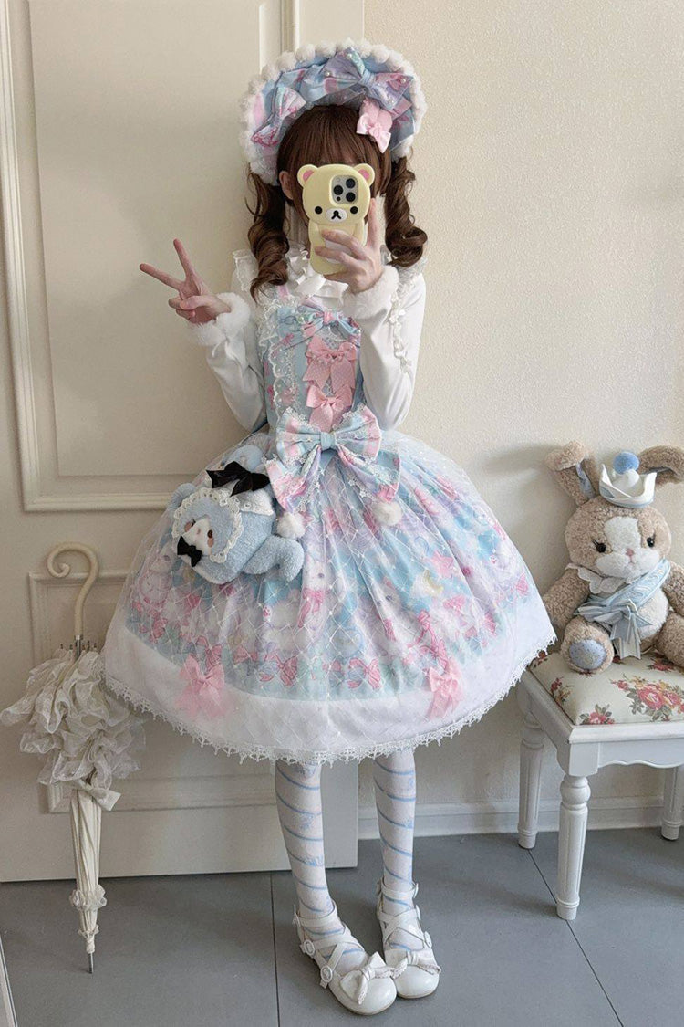Light Blue [Candy Mary Cat] Printed Ruffled Embroidered Bow Lace Sweet Lolita Jsk Dress - Light-Blue - 1