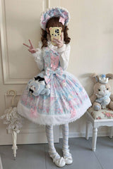 Light Blue [Candy Mary Cat] Printed Ruffled Embroidered Bow Lace Sweet Lolita Jsk Dress - Light-Blue - 1