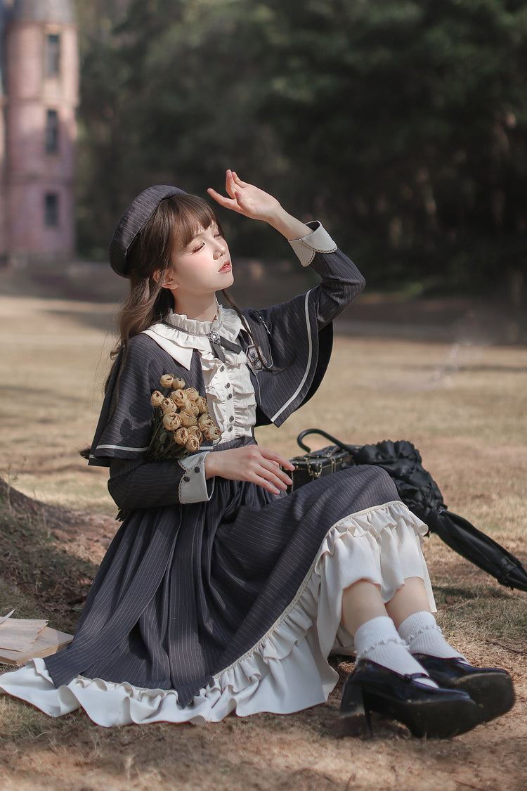 Dark Blue [Berlin Evening News] Long Sleeves Striped Print Ruffle Bowknot British College Style Elegant Sweet Lolita Dress - Product - 16