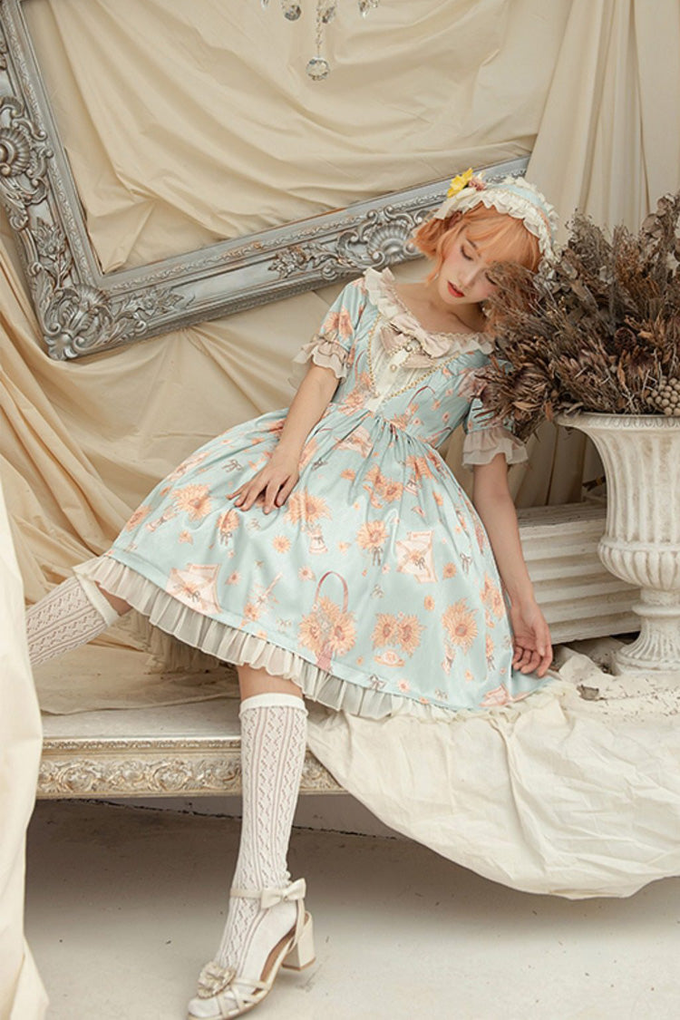 グリーン [Miss Sunflower] 半袖 プリント フリル リボン スウィートロリータワンピース 商品画像