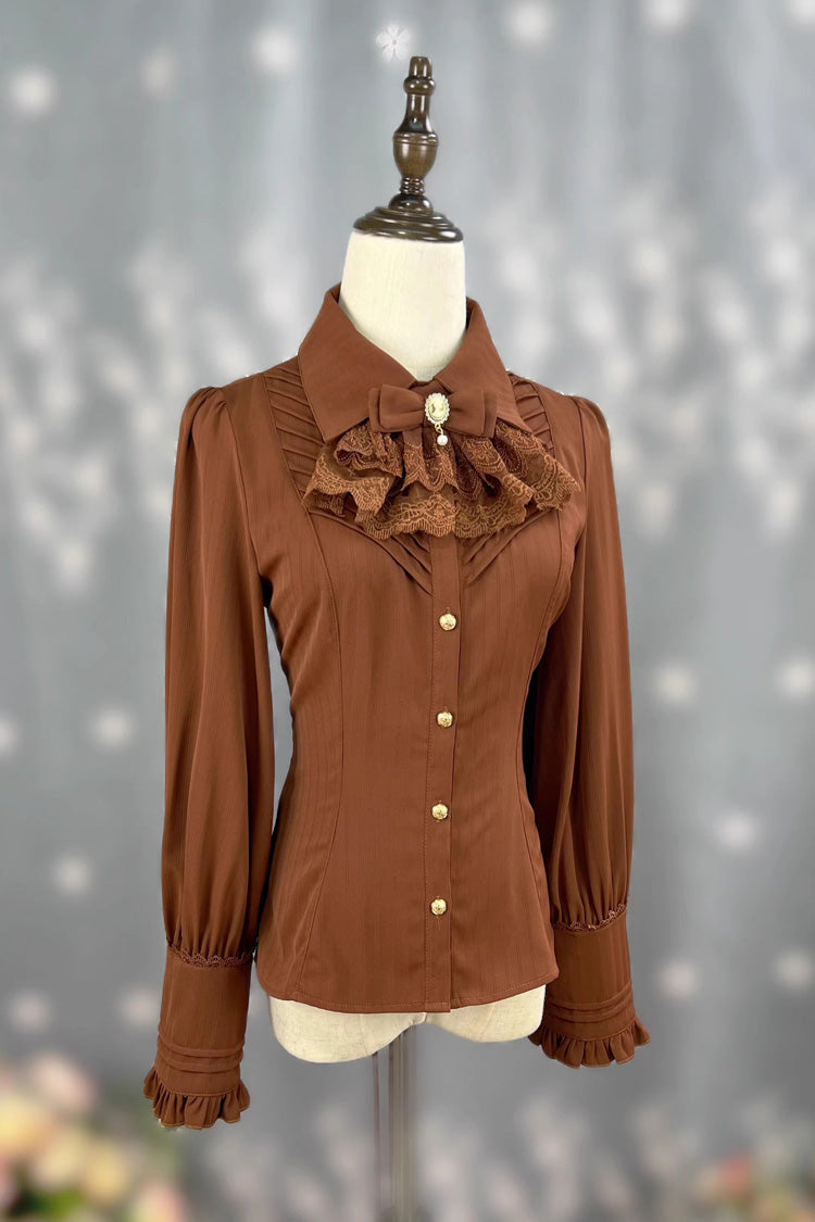 [Enchanted Dreamland] Lapel Collar Long Sleeves Ruffled Lace Slim Classic Elegant Lolita Blouse 6 Colors - Product - 8