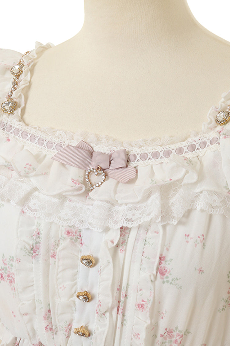 Ivory Off Shoulder Long Sleeves Floral Print Ruffle Bowknot Lace-Up Sweet Jirai Kei Japanese Skirt Set - Product - 5