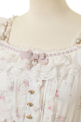 Ivory Off Shoulder Long Sleeves Floral Print Ruffle Bowknot Lace-Up Sweet Jirai Kei Japanese Skirt Set - Product - 5
