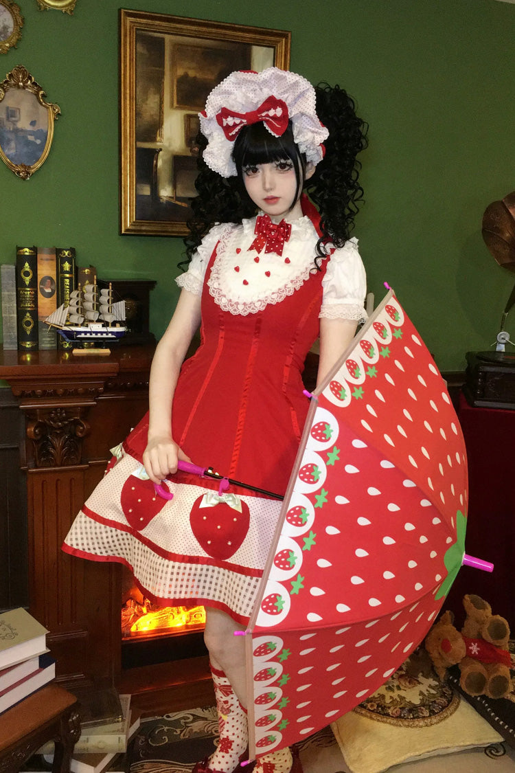 [Miss Peculiar Strawberry] Stand Collar Sleeveless Printed Bow Sweet Lolita Dress 2 Colors (Red, Blue/Black) - Product - 6