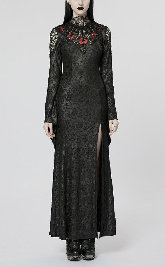 Black/Red V Collar Long Sleeves Hollow Embroidery Women's Gothic Dress - Black/Red - 1