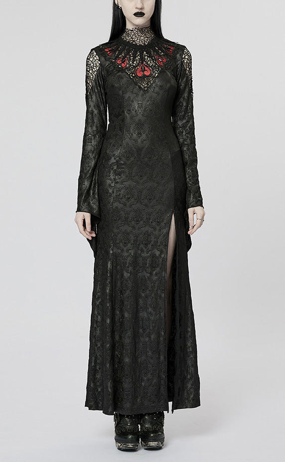 Black/Red V Collar Long Sleeves Hollow Embroidery Women's Gothic Dress - Black/Red - 1