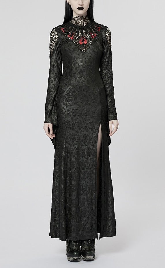 Black/Red V Collar Long Sleeves Hollow Embroidery Women's Gothic Dress - Black/Red - 1