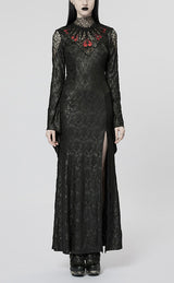 Black/Red V Collar Long Sleeves Hollow Embroidery Women's Gothic Dress - Black/Red - 1