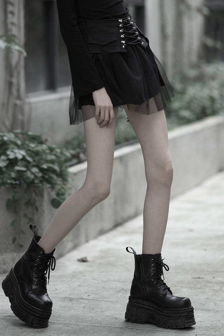Black Binding Mesh Plaid High Waist Women's Steam Punk Skirt - Black - 1