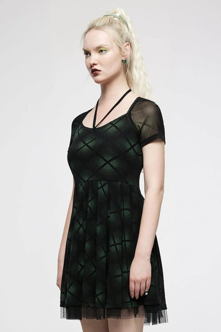 Green Short Sleeves Plaid Print Stitching Mesh Women's Punk Dress - Product - 2
