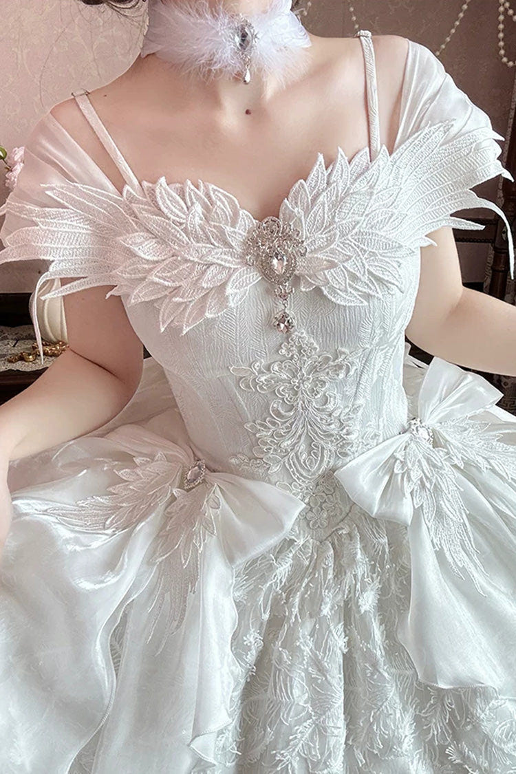 White [Feathers Floating In The Air] Square Collar Flutter Sleeves Embroidered Bow Lace Sweet Lolita Jsk Dress - Product - 5