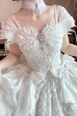 White [Feathers Floating In The Air] Square Collar Flutter Sleeves Embroidered Bow Lace Sweet Lolita Jsk Dress - Product - 5