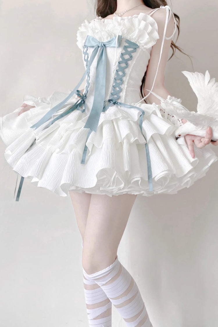[Thousand Paper Cranes] Sleeveless Multi-Layered Ruffle Bowknot Lace-Up Fishbone Gothic Lolita Jsk Dress 4 Colors - White/Green - 5