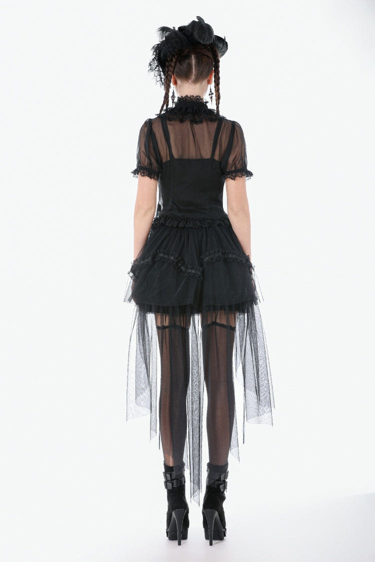 Black Multi-Layered Ruffled Lace Short Puff Sleeves Sheer Women's Courtly Gothic Blouse - Product - 4