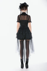 Black Multi-Layered Ruffled Lace Short Puff Sleeves Sheer Women's Courtly Gothic Blouse - Product - 4