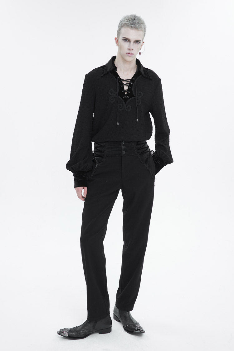 Black Embroidered Chest With Drawstring Strappy Puff Sleeved Men's Gothic Shirt - Product - 3