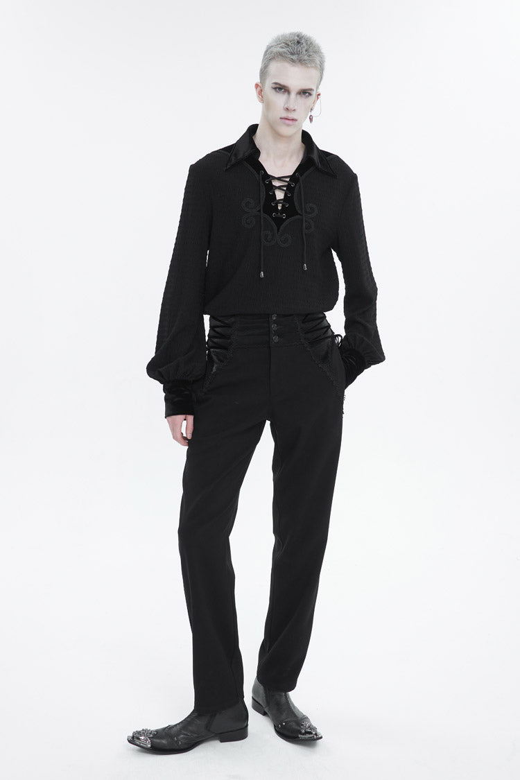 Black Embroidered Chest With Drawstring Strappy Puff Sleeved Men's Gothic Shirt - Product - 3