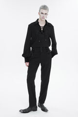 Black Embroidered Chest With Drawstring Strappy Puff Sleeved Men's Gothic Shirt - Product - 3