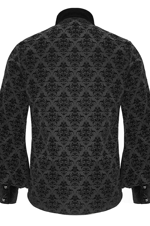 Black Court Pattern Flocking Lantern Sleeves Mens Gothic Blouse - Product - 6