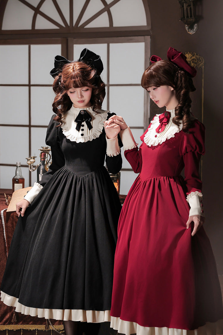 [Miss Lita] Stand Collar Long Lantern Sleeves Triple-Layered Ruffled Classic Elegant Maid Lolita Dress 2 Colors (Red, Black) - Product - 9