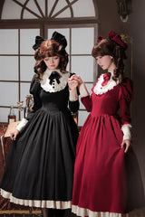 [Miss Lita] Stand Collar Long Lantern Sleeves Triple-Layered Ruffled Classic Elegant Maid Lolita Dress 2 Colors (Red, Black) - Product - 9