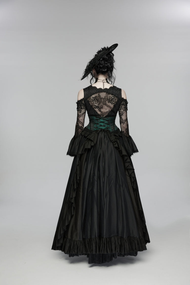 Black/Green Jacquard Lace-Up Slim Women's Gothic Tassels Corset - Product - 4