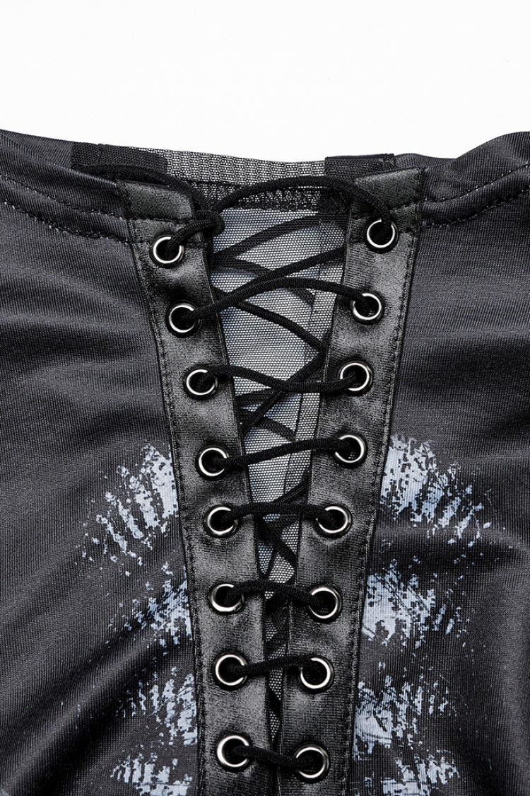 Black Print Lace-Up Side Slit Women's Gothic Dress with Chain - Product - 6