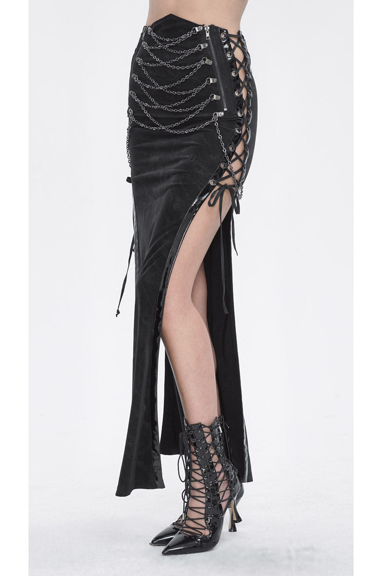 Black High Waisted Side Slit Slim Women's Steampunk Skirt - Product - 5
