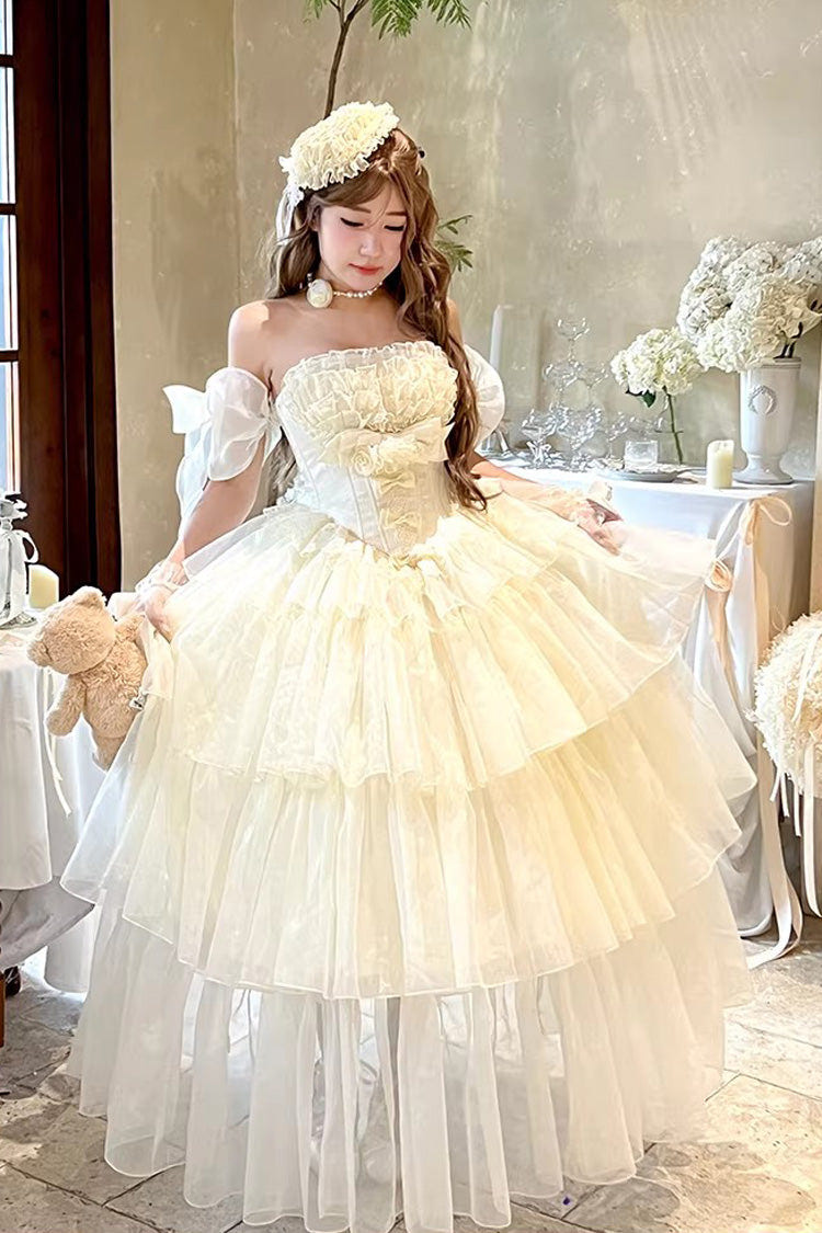 Off White [Mousse Love Song] Sleeveless Multi-Layered Ruffled Hanayome Bow Sweet Lolita Dress - Off-White - 1