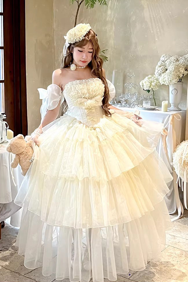 Off White [Mousse Love Song] Sleeveless Multi-Layered Ruffled Hanayome Bow Sweet Lolita Dress - Off-White - 1