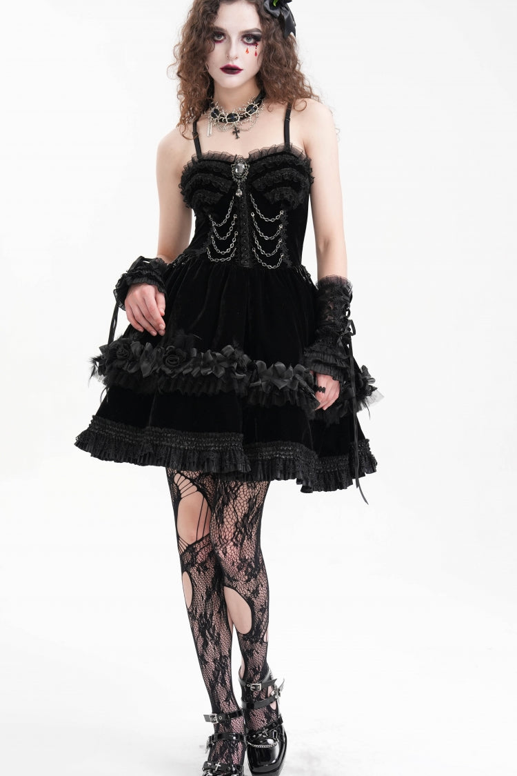 Black Chain Ruffle Lace Women's Gothic Slip Dress - Black - 1