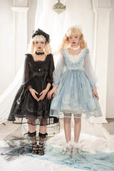 Blue High Waisted Planet Butterfly Print Ruffle Lace Sweet Lolita Dress - Product - 12