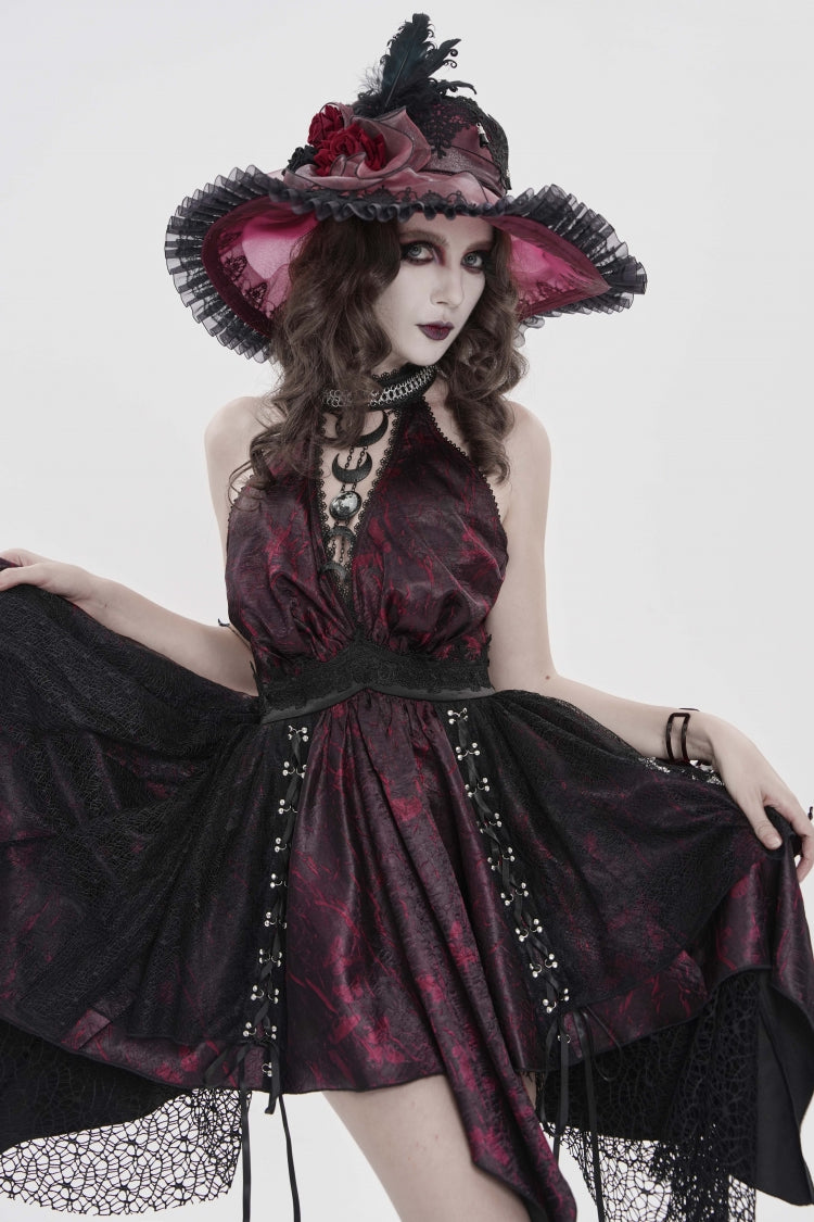 Black/Red Off Shoulder Sleeveless Multi-Layered Printed Lace Irregular Tassels Women's Gothic Dress - Product - 10