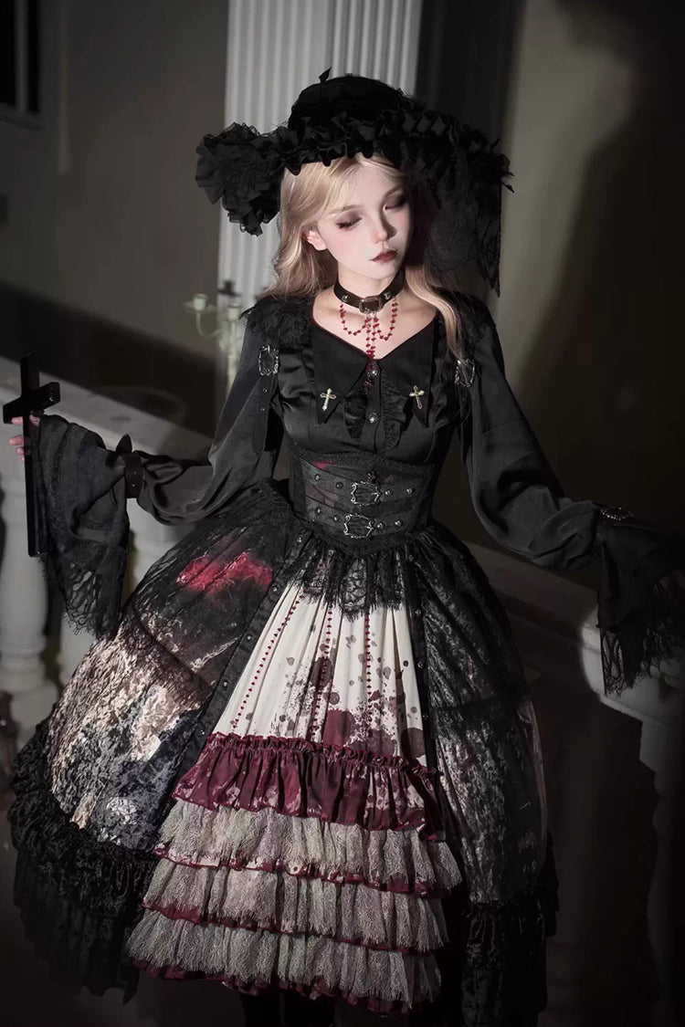 [Heretical Nun] Sleeveless Multi-Layered Printed Ruffled Open-Front Gothic Plus Size Lolita Strap Dress Short Version 2 Colors - Product - 6