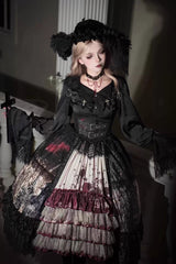 [Heretical Nun] Sleeveless Multi-Layered Printed Ruffled Open-Front Gothic Plus Size Lolita Strap Dress Short Version 2 Colors - Product - 6