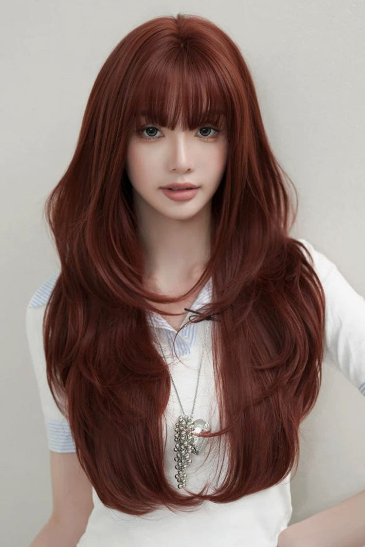 Smoky Reddish Brown Full Air Bangs Multi-Layered Butterfly Cut Sweet Lolita Wig - Product - 2