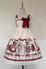 Ivory/Red Strawberry Bear Print Ruffle Bowknot Sweet Princess Lolita Jsk Dress - Ivory/Red - 1