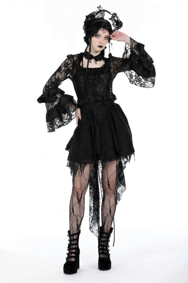 Black Multi-Layered Long Trumpet Sleeves Lace Lace-Up Women's Gothic Top - Black - 1